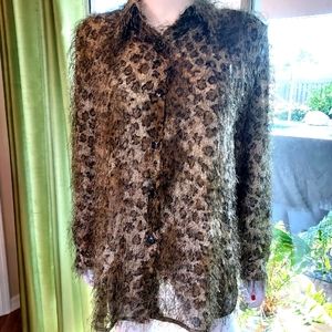 Creative Design Works Poly Fringe Blouse  with an Olive Green Leopard Print.